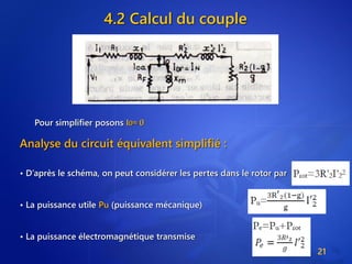 4.2 Calcul du couple
21
Pour simplifier posons I0≈ 0
Analyse du circuit équivalent simplifié :
• D’après le schéma, on peut considérer les pertes dans le rotor par
• La puissance utile Pu (puissance mécanique)
• La puissance électromagnétique transmise
 