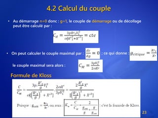 4.2 Calcul du couple
23
• On peut calculer le couple maximal par :
• Au démarrage n=0 donc : g=1, le couple de démarrage ou de décollage
peut être calculé par :
; ce qui donne :
le couple maximal sera alors :
Formule de Kloss
 