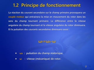 1.2 Principe de fonctionnement
ωr=ωs-ω
ωs : pulsation du champ statorique.
ω : vitesse (mécanique) de rotor.
7
La réaction du courant secondaire sur le champ primaire provoquera un
couple moteur qui entrainera la mise en mouvement du rotor dans les
sens du champ tournant primaire. La différence entre la vitesse
angulaire du champ tournant et la vitesse angulaire du rotor diminuera.
Et la pulsation des courants secondaires diminuera aussi :
 