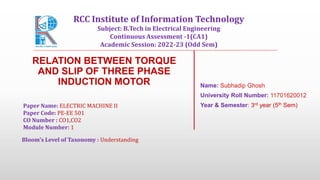 RELATION BETWEEN TORQUE
AND SLIP OF THREE PHASE
INDUCTION MOTOR Name: Subhadip Ghosh
University Roll Number: 11701620012
Year & Semester: 3rd year (5th Sem)
Paper Name: ELECTRIC MACHINE II
Paper Code: PE-EE 501
CO Number : CO1,CO2
Module Number: 1
Bloom's Level of Taxonomy : Understanding
RCC Institute of Information Technology
Subject: B.Tech in Electrical Engineering
Continuous Assessment -1(CA1)
Academic Session: 2022-23 (Odd Sem)
 