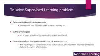 To solve Supervised Learning problem
 Determine the type of training examples.
 Decide what kind of data is to be used as a training set.
 Gather a training set.
 Set of input object and corresponding output is gathered.
 Determine the input feature representation of the learned function.
 The input object is transformed into a feature vector, which contains a number of features
that are descriptive of the object.
 