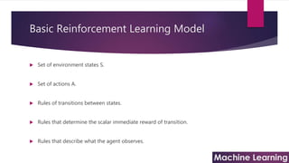 Basic Reinforcement Learning Model
 Set of environment states S.
 Set of actions A.
 Rules of transitions between states.
 Rules that determine the scalar immediate reward of transition.
 Rules that describe what the agent observes.
 