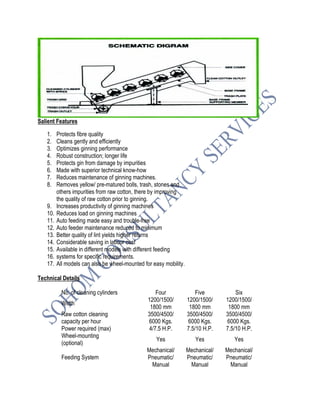 Salient Features
1. Protects fibre quality
2. Cleans gently and efficiently
3. Optimizes ginning performance
4. Robust construction; longer life
5. Protects gin from damage by impurities
6. Made with superior technical know-how
7. Reduces maintenance of ginning machines.
8. Removes yellow/ pre-matured bolls, trash, stones and
others impurities from raw cotton, there by improving
the quality of raw cotton prior to ginning.
9. Increases productivity of ginning machines
10. Reduces load on ginning machines
11. Auto feeding made easy and trouble-free
12. Auto feeder maintenance reduced to minimum
13. Better quality of lint yields higher returns
14. Considerable saving in labour cost
15. Available in different models with different feeding
16. systems for specific requirements.
17. All models can also be wheel-mounted for easy mobility.
Technical Details
No. of cleaning cylinders Four Five Six
Width
1200/1500/
1800 mm
1200/1500/
1800 mm
1200/1500/
1800 mm
Raw cotton cleaning
capacity per hour
3500/4500/
6000 Kgs.
3500/4500/
6000 Kgs.
3500/4500/
6000 Kgs.
Power required (max) 4/7.5 H.P. 7.5/10 H.P. 7.5/10 H.P.
Wheel-mounting
(optional)
Yes Yes Yes
Feeding System
Mechanical/
Pneumatic/
Manual
Mechanical/
Pneumatic/
Manual
Mechanical/
Pneumatic/
Manual
 