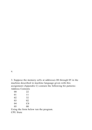 e.
3. Suppose the memory cells at addresses 00 through 05 in the
machine described in machine language given with this
assignment (Appendix C) contain the following bit patterns:
Address Contents
00 22
01 11
02 32
03 02
04 C0
05 00
Using the form below run the program.
CPU State
 