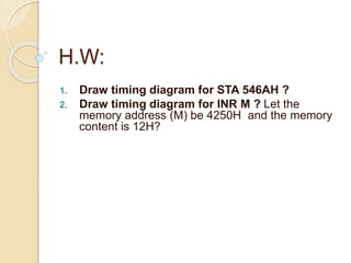 H.W:
1. Draw timing diagram for STA 546AH ?
2. Draw timing diagram for INR M ? Let the
memory address (M) be 4250H and the memory
content is 12H?
 
