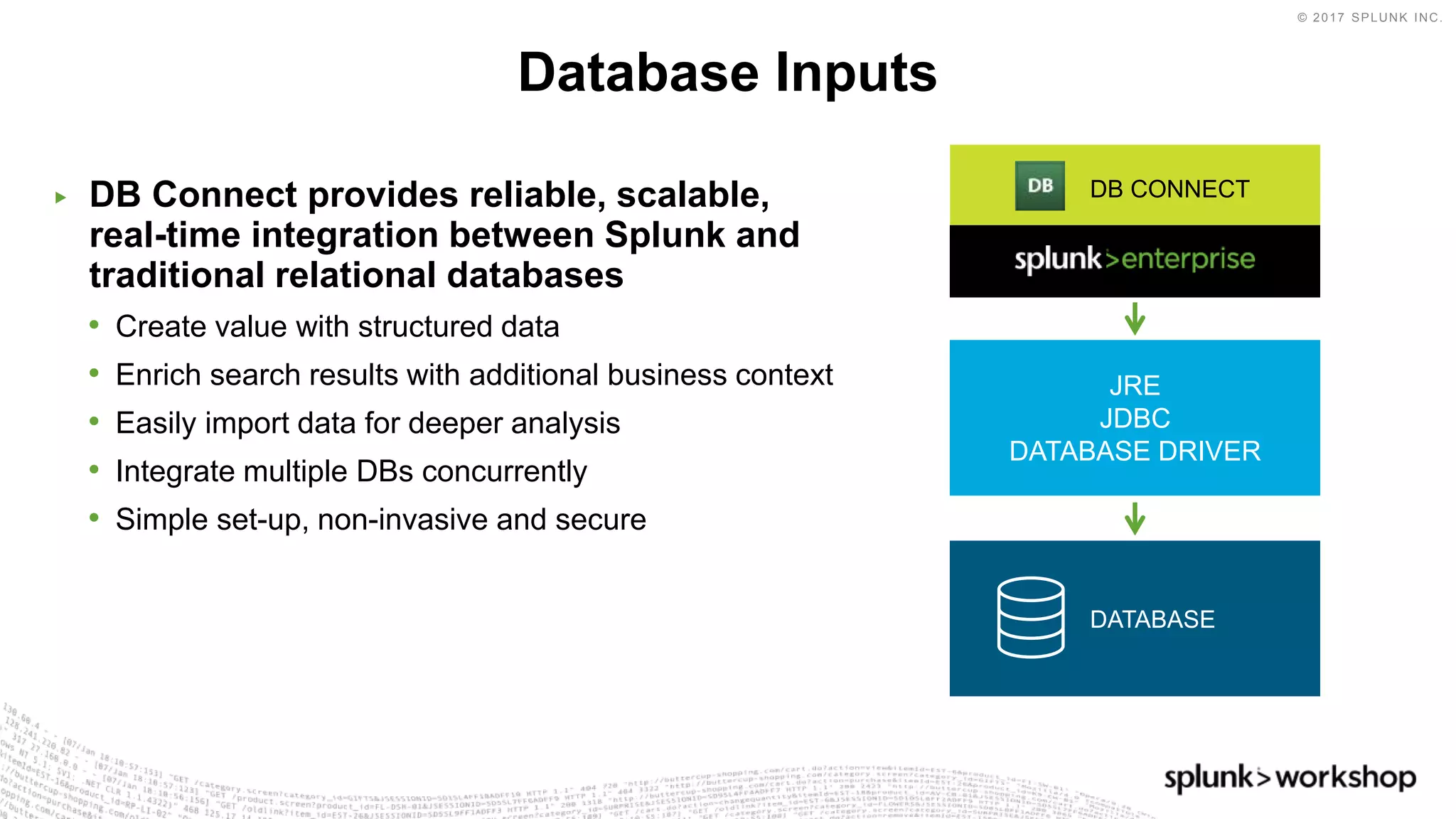 © 2017 SPLUNK INC.
▶ DB Connect provides reliable, scalable,
real-time integration between Splunk and
traditional relational databases
• Create value with structured data
• Enrich search results with additional business context
• Easily import data for deeper analysis
• Integrate multiple DBs concurrently
• Simple set-up, non-invasive and secure
Database Inputs
DB CONNECT
JRE
JDBC
DATABASE DRIVER
DATABASE
 