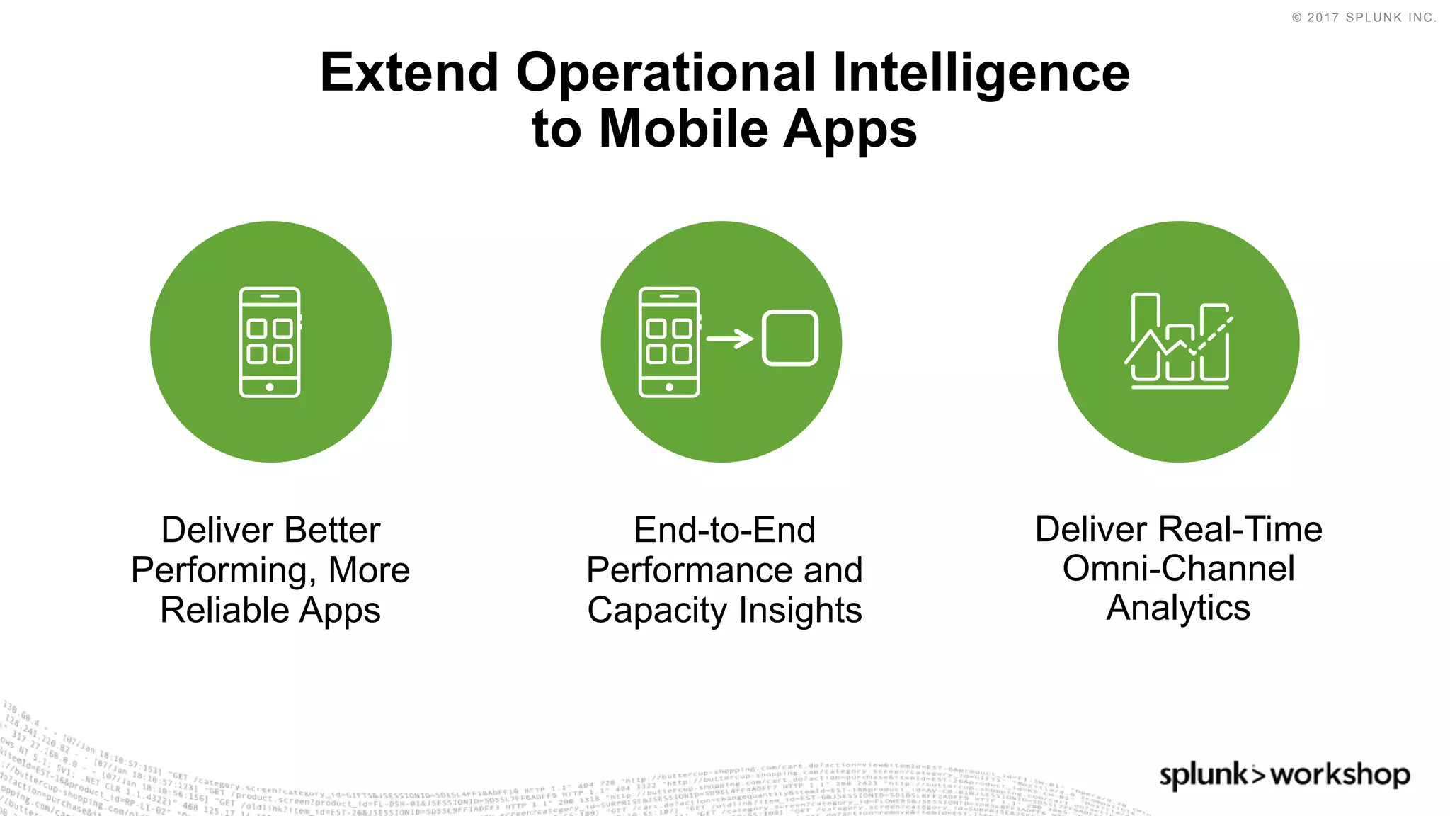 © 2017 SPLUNK INC.
Deliver Better
Performing, More
Reliable Apps
End-to-End
Performance and
Capacity Insights
Deliver Real-Time
Omni-Channel
Analytics
Extend Operational Intelligence
to Mobile Apps
 