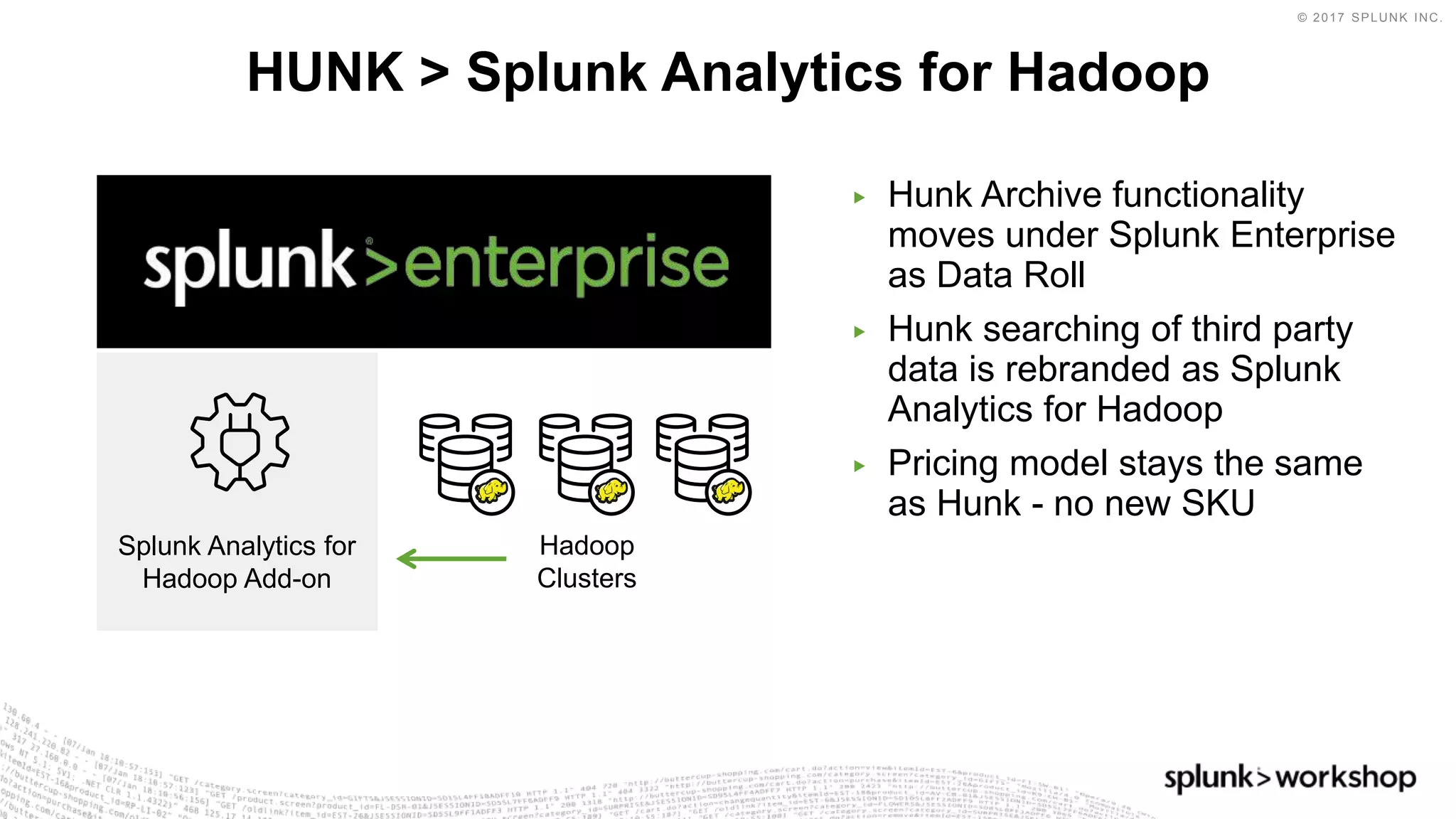 © 2017 SPLUNK INC.
▶ Hunk Archive functionality
moves under Splunk Enterprise
as Data Roll
▶ Hunk searching of third party
data is rebranded as Splunk
Analytics for Hadoop
▶ Pricing model stays the same
as Hunk - no new SKU
HUNK > Splunk Analytics for Hadoop
Hadoop
Clusters
Splunk Analytics for
Hadoop Add-on
 