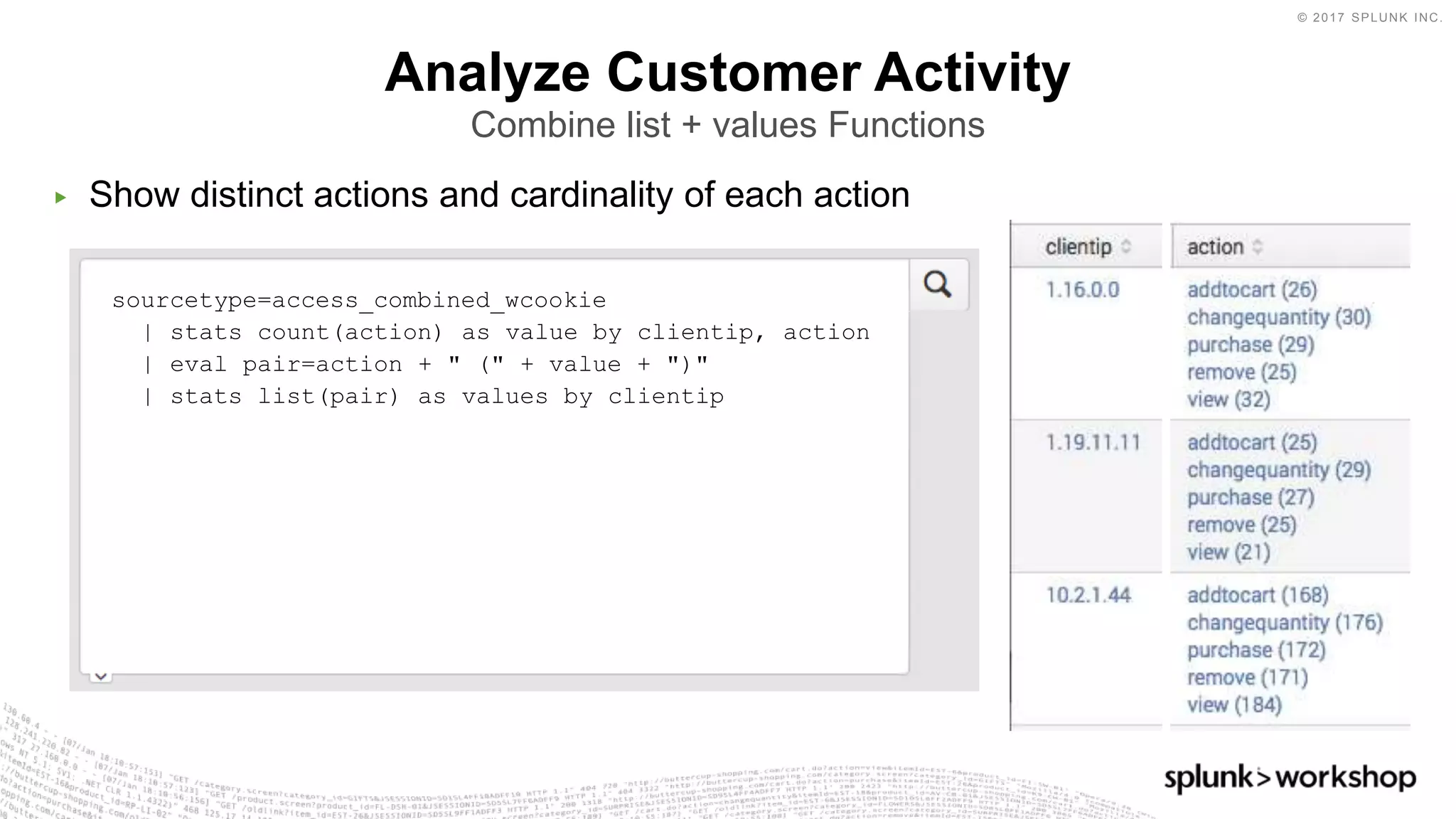 © 2017 SPLUNK INC.
▶ Show distinct actions and cardinality of each action
Analyze Customer Activity
Combine list + values Functions
sourcetype=access_combined_wcookie
| stats count(action) as value by clientip, action
| eval pair=action + " (" + value + ")"
| stats list(pair) as values by clientip
 