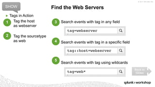 © 2017 SPLUNK INC.
Search events with tag in any field
Search events with tag in a specific field
Search events with tag using wildcards
Find the Web Servers
▶ Tags in Action
tag=webserver
tag::host=webserver
tag=web*
Tag the host
as webserver
Tag the sourcetype
as web
1
2
3
4
5
SHOW
Back to
Slides
 