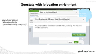 © 2017 SPLUNK INC.
Geostats with iplocation enrichment
sourcetype=access*
| iplocation clientip
| geostats count by category_id
Hey! That looks
cool too! Add it to
your dashboard
 