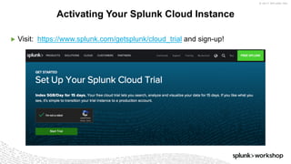 © 2017 SPLUNK INC.
▶ Visit: https://www.splunk.com/getsplunk/cloud_trial and sign-up!
Activating Your Splunk Cloud Instance
 