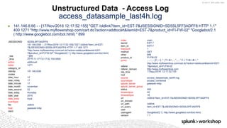 © 2017 SPLUNK INC.
▶ 141.146.8.66 - - [17/Nov/2016 12:17:52:155] "GET /oldlink?item_id=EST-7&JSESSIONID=SD5SL5FF3ADFF8 HTTP 1.1"
400 1271 "http://www.myflowershop.com/cart.do?action=addtocart&itemId=EST-7&product_id=FI-FW-02" "Googlebot/2.1
( http://www.googlebot.com/bot.html) " 899
Unstructured Data - Access Log
access_datasample_last4h.log
JSESSIONID SD5SL5FF3ADFF8
_raw
141.146.8.66 - - [17/Nov/2016 12:17:52:155] "GET /oldlink?item_id=EST-
7&JSESSIONID=SD5SL5FF3ADFF8 HTTP 1.1" 400 1271
"http://www.myflowershop.com/cart.do?action=addtocart&itemId=EST-
7&product_id=FI-FW-02" "Googlebot/2.1 ( http://www.googlebot.com/bot.html)
" 899
_time 2016-11-17T12:17:52.155-0500
action addtocart
bytes 1271
category_id
clientip 141.146.8.66
cookie
date_hour 12
date_mday 17
date_minute 17
date_month november
date_second 52
date_wday thursday
date_year 2016
date_zone local
eventtype
file oldlink
host gweaver-mbp
ident -
index main
itemId EST-7
item_id EST-7
linecount 1
method GET
other 899
product_id FI-FW-02
punct ..._-_-_[//_:::]_"_/?=-&=__."___"://../.?=&=-&=--"
referer
http://www.myflowershop.com/cart.do?action=addtocart&itemId=EST-
7&product_id=FI-FW-02
referer_domain http://www.myflowershop.com
req_time 17/Nov/2016 12:17:52:155
root
source access_datasample_last4h.log
sourcetype access_combined
splunk_server gweaver-mbp
splunk_server_group
status 400
timeendpos 42
timestartpos 18
uri /oldlink?item_id=EST-7&JSESSIONID=SD5SL5FF3ADFF8
uri_domain
uri_path /oldlink
uri_query item_id=EST-7&JSESSIONID=SD5SL5FF3ADFF8
user -
useragent Googlebot/2.1 ( http://www.googlebot.com/bot.html)
version 1.1
 