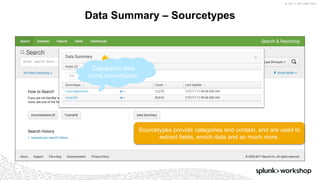 © 2017 SPLUNK INC.
Data Summary – Sourcetypes
Sourcetypes provide categories and context, and are used to
extract fields, enrich data and so much more.
Categorize data
using sourcetypes!
 
