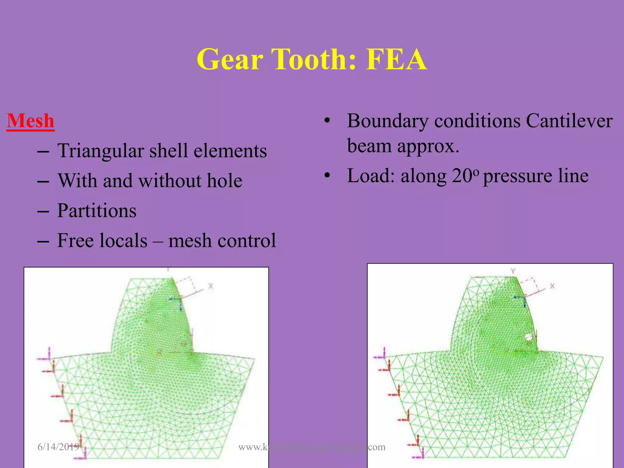 Gear Tooth: FEA
Mesh
– Triangular shell elements
– With and without hole
– Partitions
– Free locals – mesh control
• Boundary conditions Cantilever
beam approx.
• Load: along 20o pressure line
6/14/2019 www.kssathishkumar.blogspot.com
 