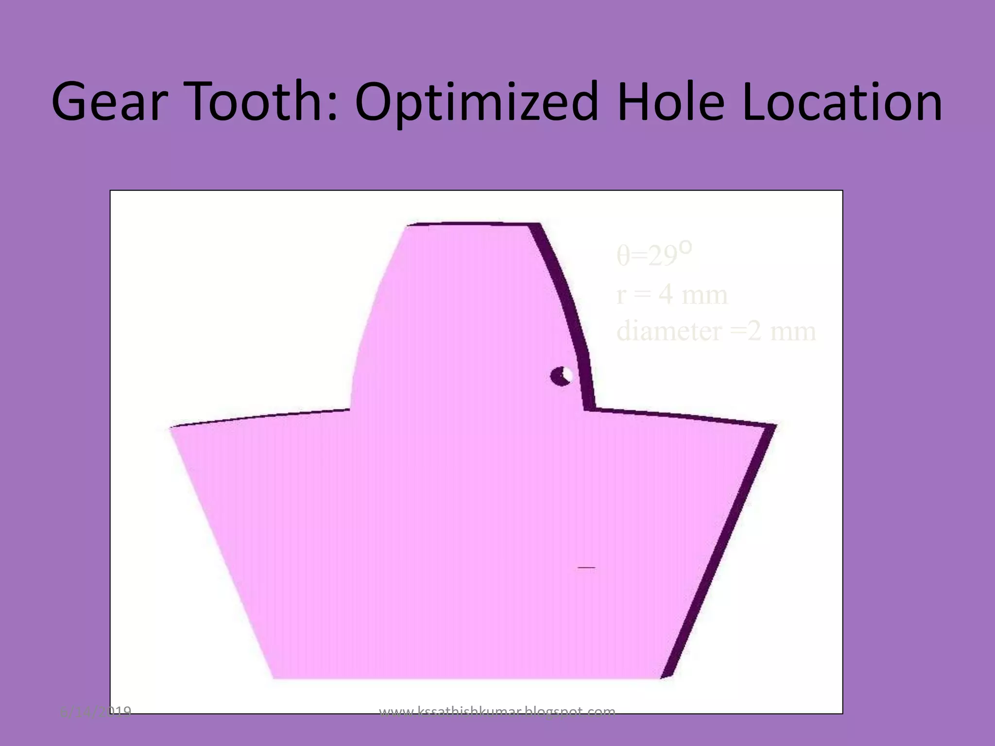 Gear Tooth: Optimized Hole Location
θ=29o
r = 4 mm
diameter =2 mm
6/14/2019 www.kssathishkumar.blogspot.com
 