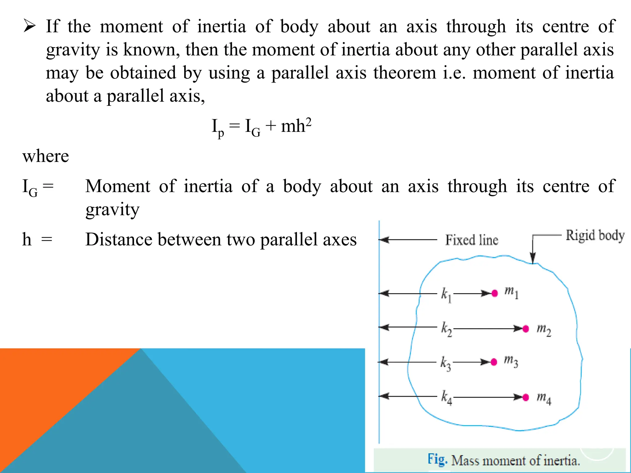  If the moment of inertia of body about an axis through its centre of
gravity is known, then the moment of inertia about any other parallel axis
may be obtained by using a parallel axis theorem i.e. moment of inertia
about a parallel axis,
Ip = IG + mh2
where
IG = Moment of inertia of a body about an axis through its centre of
gravity
h = Distance between two parallel axes
28
 