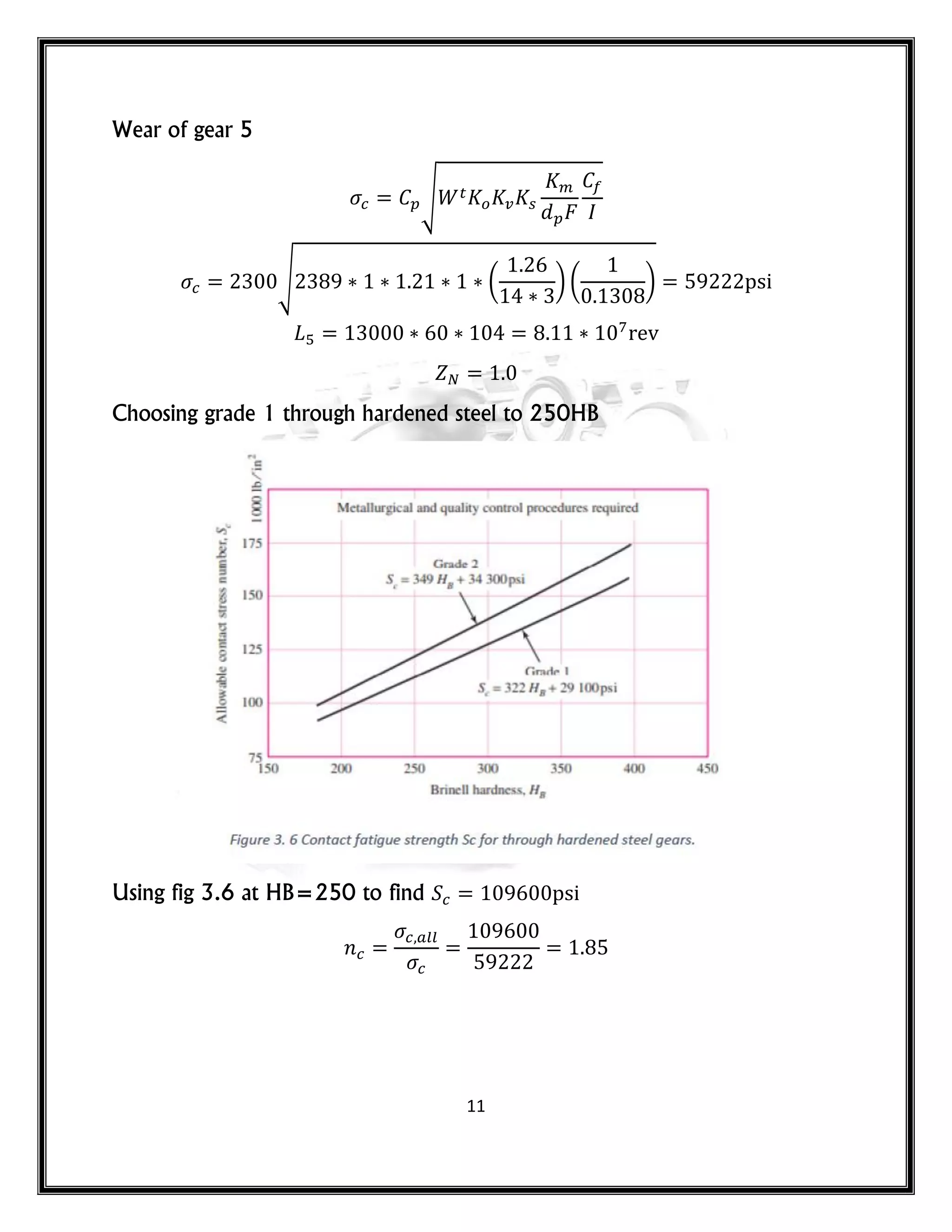 11
Wear of gear 5
√
√ ( ) ( )
Choosing grade 1 through hardened steel to 250HB
Using fig 3.6 at HB=250 to find
𝑛
 
