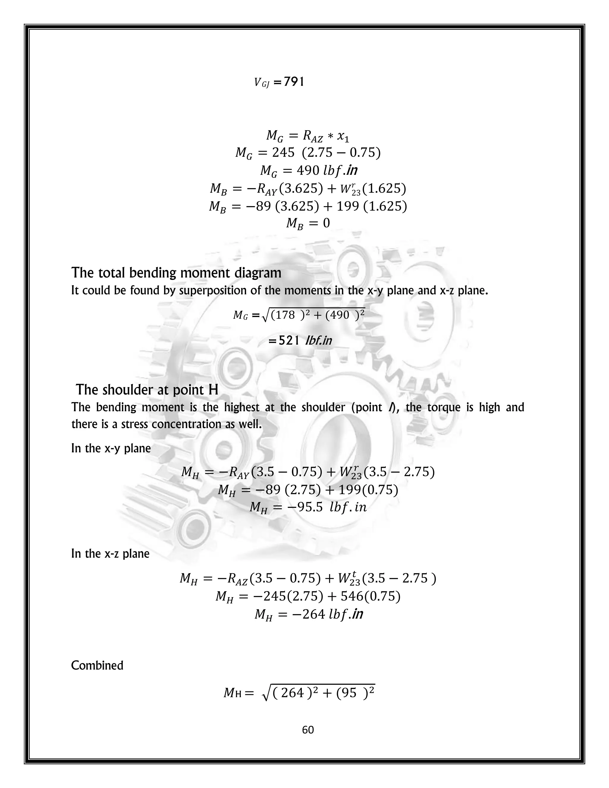60
𝐺 =791
𝑥
( )
𝑙 in
( ) 𝑟
( )
( ) ( )
The total bending moment diagram
It could be found by superposition of the moments in the x-y plane and x-z plane.
𝐺 =√( ) ( )
=521 Ibf.in
The shoulder at point H
The bending moment is the highest at the shoulder (point I), the torque is high and
there is a stress concentration as well.
In the x-y plane
( ) ( )
( ) ( )
𝑙 𝑛
In the x-z plane
( ) ( )
( ) ( )
𝑙 in
Combined
H √( ) ( )
 
