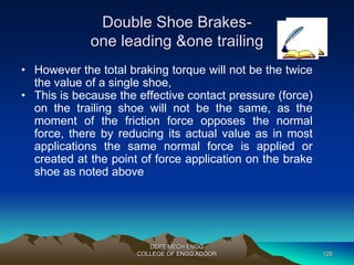 Double Shoe Brakes-one 
leading &one trailing 
• However the total braking torque will not be the twice 
the value of a single shoe, 
• This is because the effective contact pressure (force) 
on the trailing shoe will not be the same, as the 
moment of the friction force opposes the normal 
force, there by reducing its actual value as in most 
applications the same normal force is applied or 
created at the point of force application on the brake 
shoe as noted above 
DEPT MECH ENGG 
COLLEGE OF ENGG ADOOR 126 
 