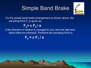 Simple Band Brake 
For the simple band brake arrangement as shown above, the 
actuating force Fa is given as, 
Fa= c F2 / a 
If the direction of rotation is changed to ccw, then the tight and 
slack sides are reversed. Therefore the actuating force is 
Fa = c F1 / a 
DEPT MECH ENGG 
COLLEGE OF ENGG ADOOR 137 
 