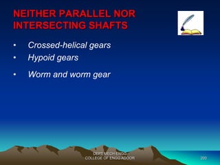 NEITHER PARALLEL NOR 
INTERSECTING SHAFTS 
• Crossed-helical gears 
• Hypoid gears 
• Worm and worm gear 
DEPT MECH ENGG 
COLLEGE OF ENGG ADOOR 200 
 