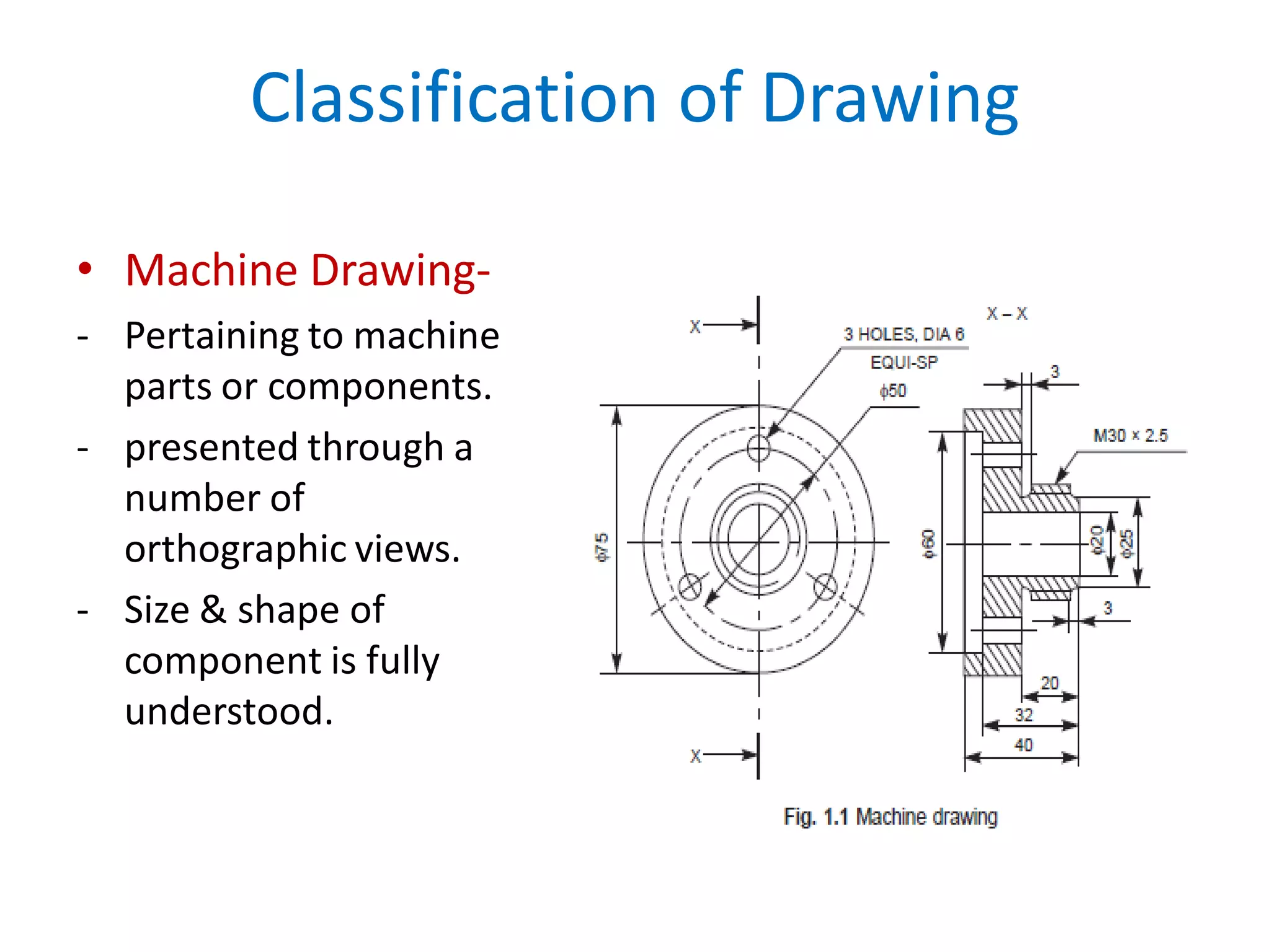 Classification of Drawing
• Machine Drawing-
- Pertaining to machine
parts or components.
- presented through a
number of
orthographic views.
- Size & shape of
component is fully
understood.
 