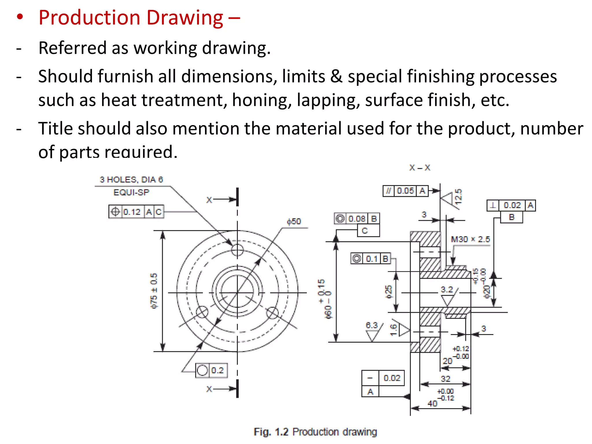 • Production Drawing –
- Referred as working drawing.
- Should furnish all dimensions, limits & special finishing processes
such as heat treatment, honing, lapping, surface finish, etc.
- Title should also mention the material used for the product, number
of parts required.
 