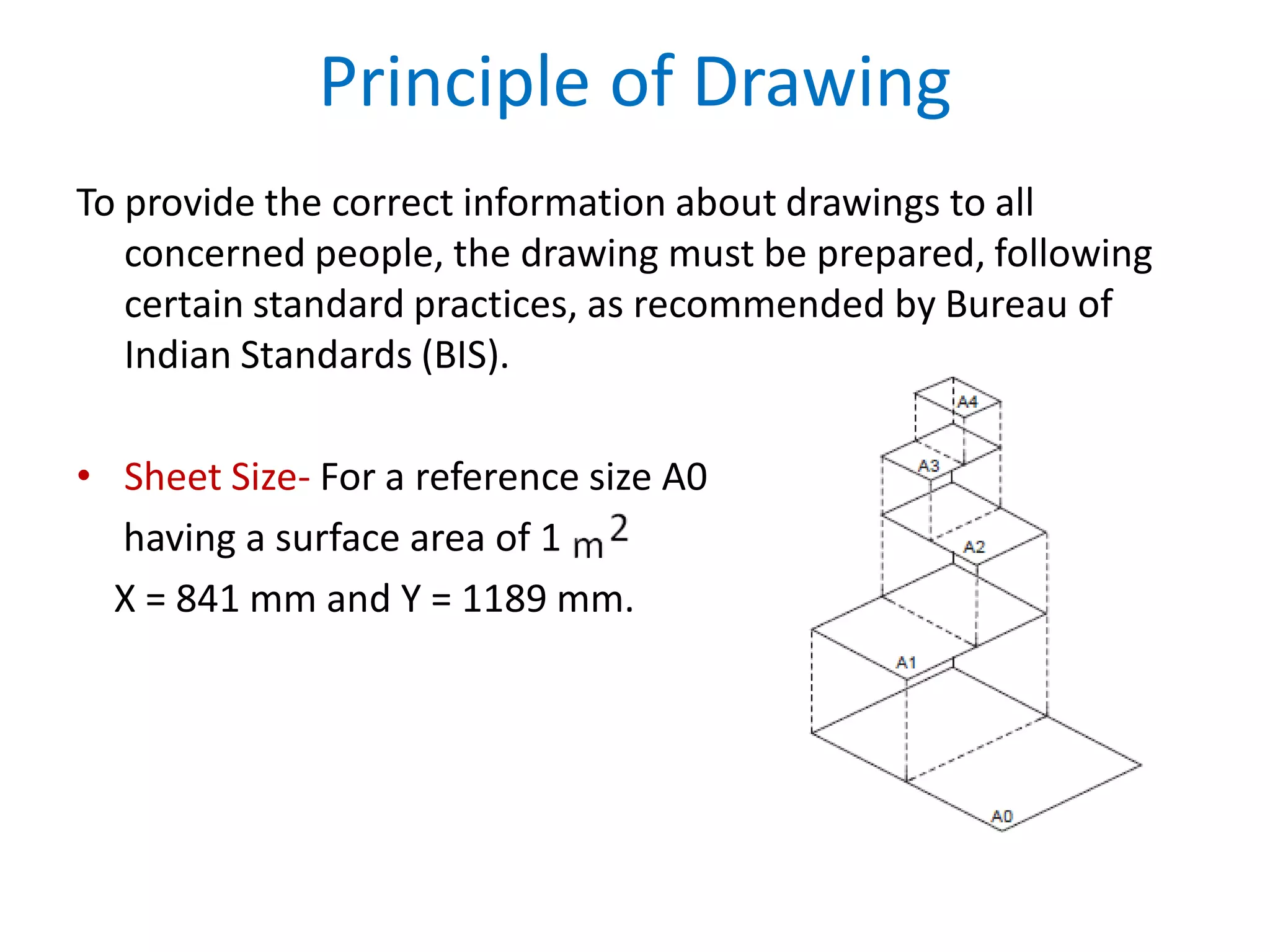 Principle of Drawing
To provide the correct information about drawings to all
concerned people, the drawing must be prepared, following
certain standard practices, as recommended by Bureau of
Indian Standards (BIS).
• Sheet Size- For a reference size A0
having a surface area of 1
X = 841 mm and Y = 1189 mm.
 