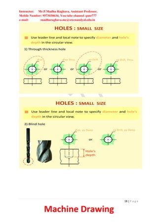 Instructor: Mr.P.Madhu Raghava, Assistant Professor,
Mobile Number: 9573030634, You tube channel :pmr777
e-mail: :madhuraghava.me@srecnandyal.edu.in
18 | P a g e
Machine Drawing
f xx
Use leader line and local note to specify diameter and hole’s
depth in the circular view.
HOLES : SMALL SIZE
xx Drill, Thru.
1) Through thickness hole
f xx Thru.
or
xx Drill.
or or
f xx, yy Deep
HOLES : SMALL SIZE
or
xx Drill, yy Deep
Hole’s
depth
Use leader line and local note to specify diameter and hole’s
depth in the circular view.
2) Blind hole
 