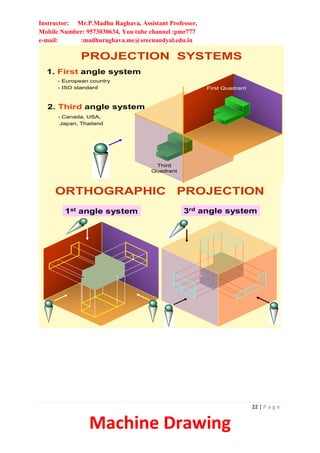 Instructor: Mr.P.Madhu Raghava, Assistant Professor,
Mobile Number: 9573030634, You tube channel :pmr777
e-mail: :madhuraghava.me@srecnandyal.edu.in
22 | P a g e
Machine Drawing
PROJECTION SYSTEMS
1. First angle system
2. Third angle system
First Quadrant
Third
Quadrant
- European country
- ISO standard
- Canada, USA,
Japan, Thailand
ORTHOGRAPHIC PROJECTION
1st angle system 3rd angle system
 