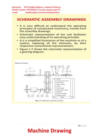 Instructor: Mr.P.Madhu Raghava, Assistant Professor,
Mobile Number: 9573030634, You tube channel :pmr777
e-mail: :madhuraghava.me@srecnandyal.edu.in
38 | P a g e
Machine Drawing
SCHEMATIC ASSEMBLY DRAWINGS
• It is very difficult to understand the operating
principles of complicated machinery, merely from
the assembly drawings.
• Schematic representation of the unit facilitates
easy understanding of its operating principle.
• It is a simplified illustration of the machine or of a
system, replacing all the elements, by their
respective conventional representations.
• Figure 1.7 shows the schematic representation of
a gearing diagram.
 