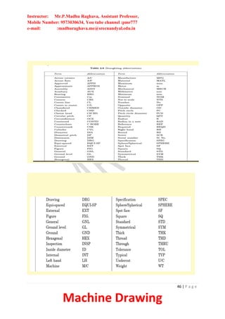 Instructor: Mr.P.Madhu Raghava, Assistant Professor,
Mobile Number: 9573030634, You tube channel :pmr777
e-mail: :madhuraghava.me@srecnandyal.edu.in
46 | P a g e
Machine Drawing
 