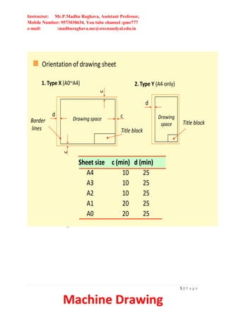 Instructor: Mr.P.Madhu Raghava, Assistant Professor,
Mobile Number: 9573030634, You tube channel :pmr777
e-mail: :madhuraghava.me@srecnandyal.edu.in
5 | P a g e
Machine Drawing
Drawing space Drawing
space
Title block
d
d
c
c
c
Border
lines
1. Type X (A0~A4) 2. Type Y (A4 only)
Orientation of drawing sheet
Title block
Sheet size c (min) d (min)
A4 10 25
A3 10 25
A2 10 25
A1 20 25
A0 20 25
 