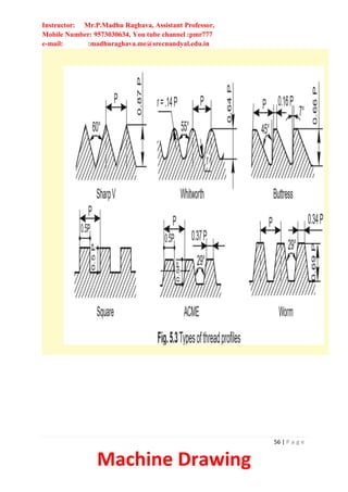 Instructor: Mr.P.Madhu Raghava, Assistant Professor,
Mobile Number: 9573030634, You tube channel :pmr777
e-mail: :madhuraghava.me@srecnandyal.edu.in
56 | P a g e
Machine Drawing
 
