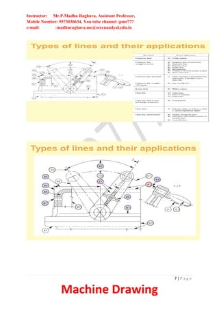 Instructor: Mr.P.Madhu Raghava, Assistant Professor,
Mobile Number: 9573030634, You tube channel :pmr777
e-mail: :madhuraghava.me@srecnandyal.edu.in
7 | P a g e
Machine Drawing
Types of lines and their applications
Types of lines and their applications
 