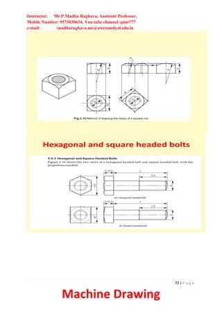 Instructor: Mr.P.Madhu Raghava, Assistant Professor,
Mobile Number: 9573030634, You tube channel :pmr777
e-mail: :madhuraghava.me@srecnandyal.edu.in
70 | P a g e
Machine Drawing
Hexagonal and square headed bolts
 