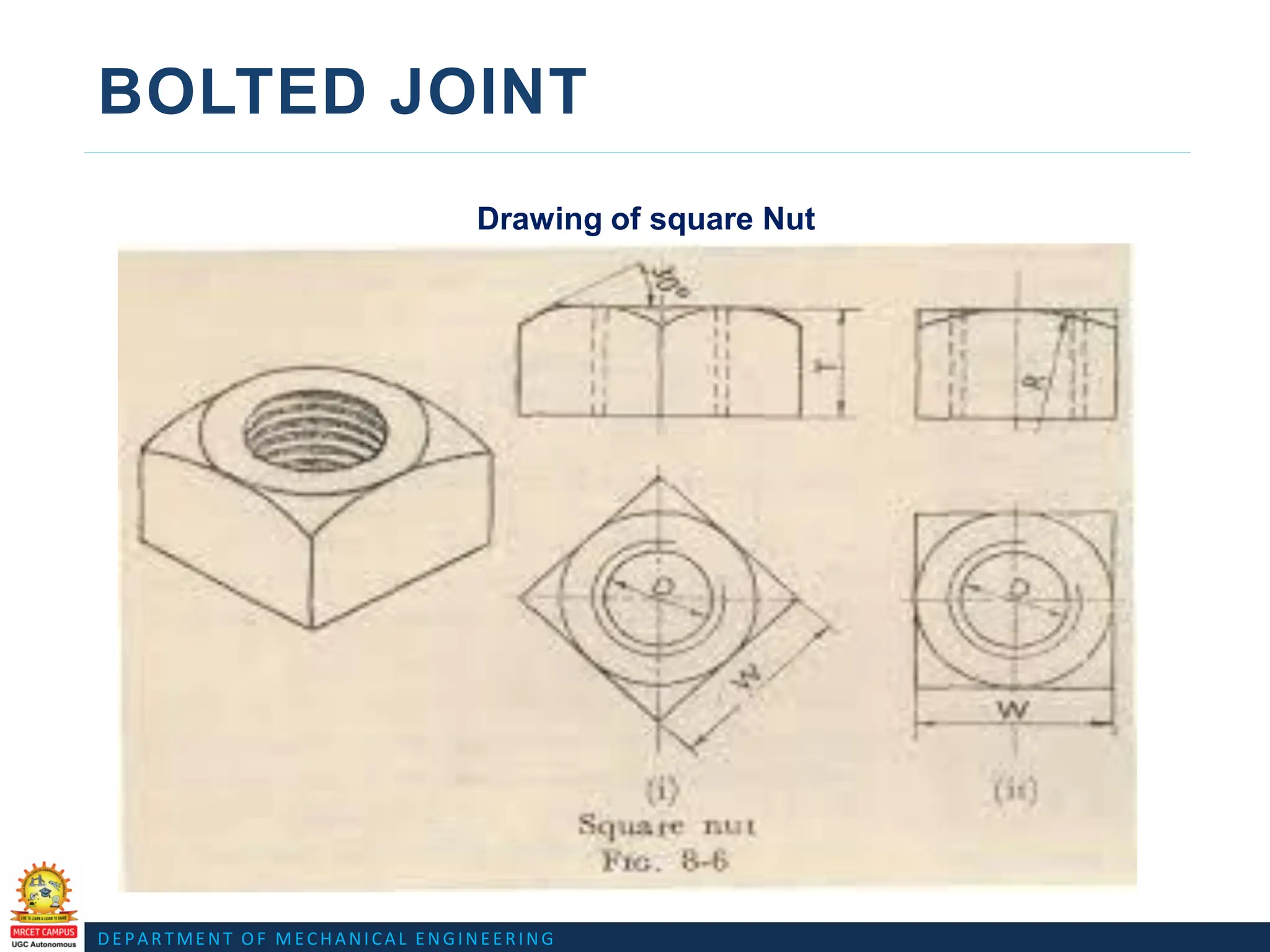 DEPARTMENT OF MECHANICAL ENGINEERING
BOLTED JOINT
Drawing of square Nut
 