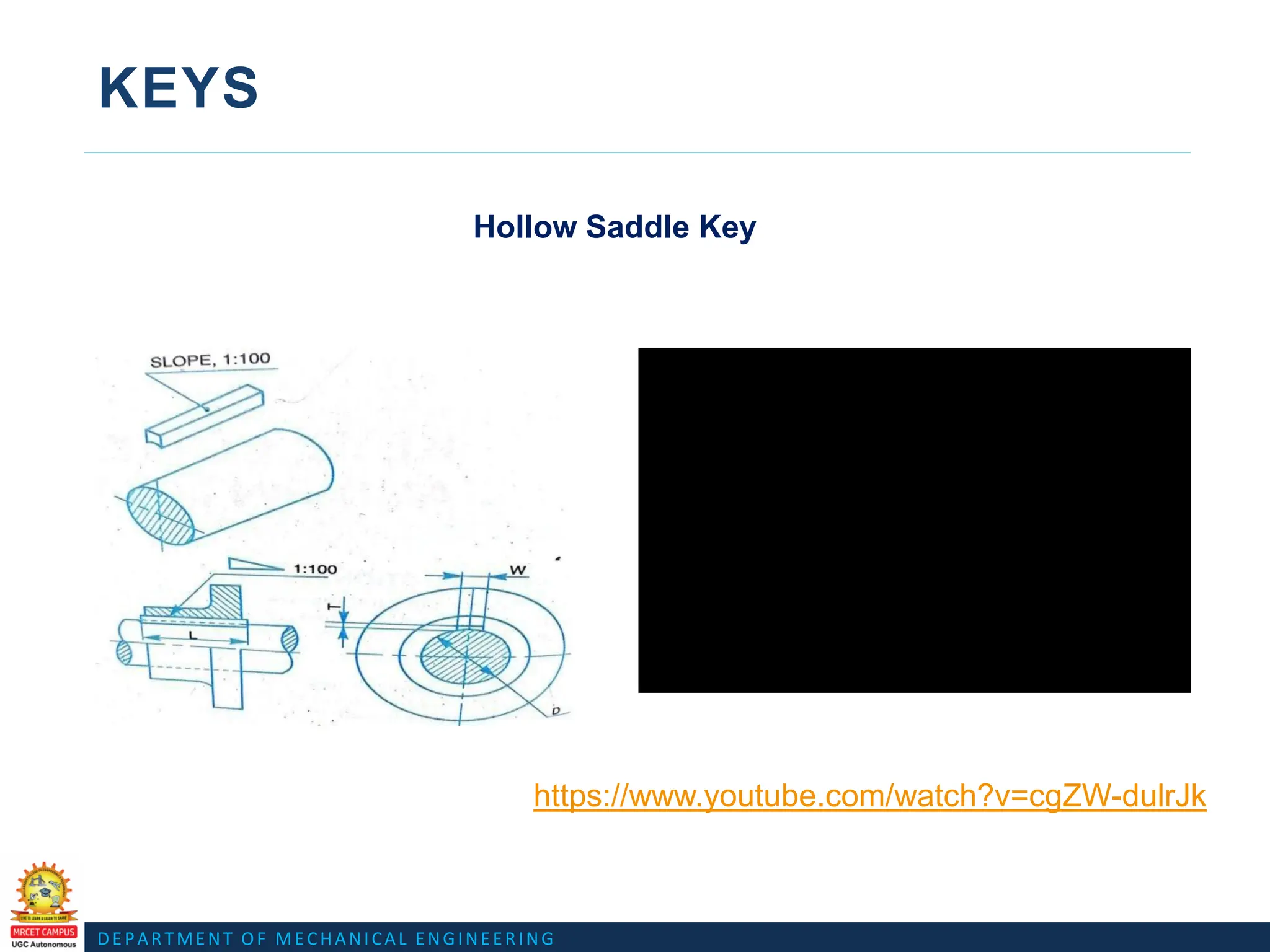 DEPARTMENT OF MECHANICAL ENGINEERING
KEYS
Hollow Saddle Key
https://www.youtube.com/watch?v=cgZW-dulrJk
 