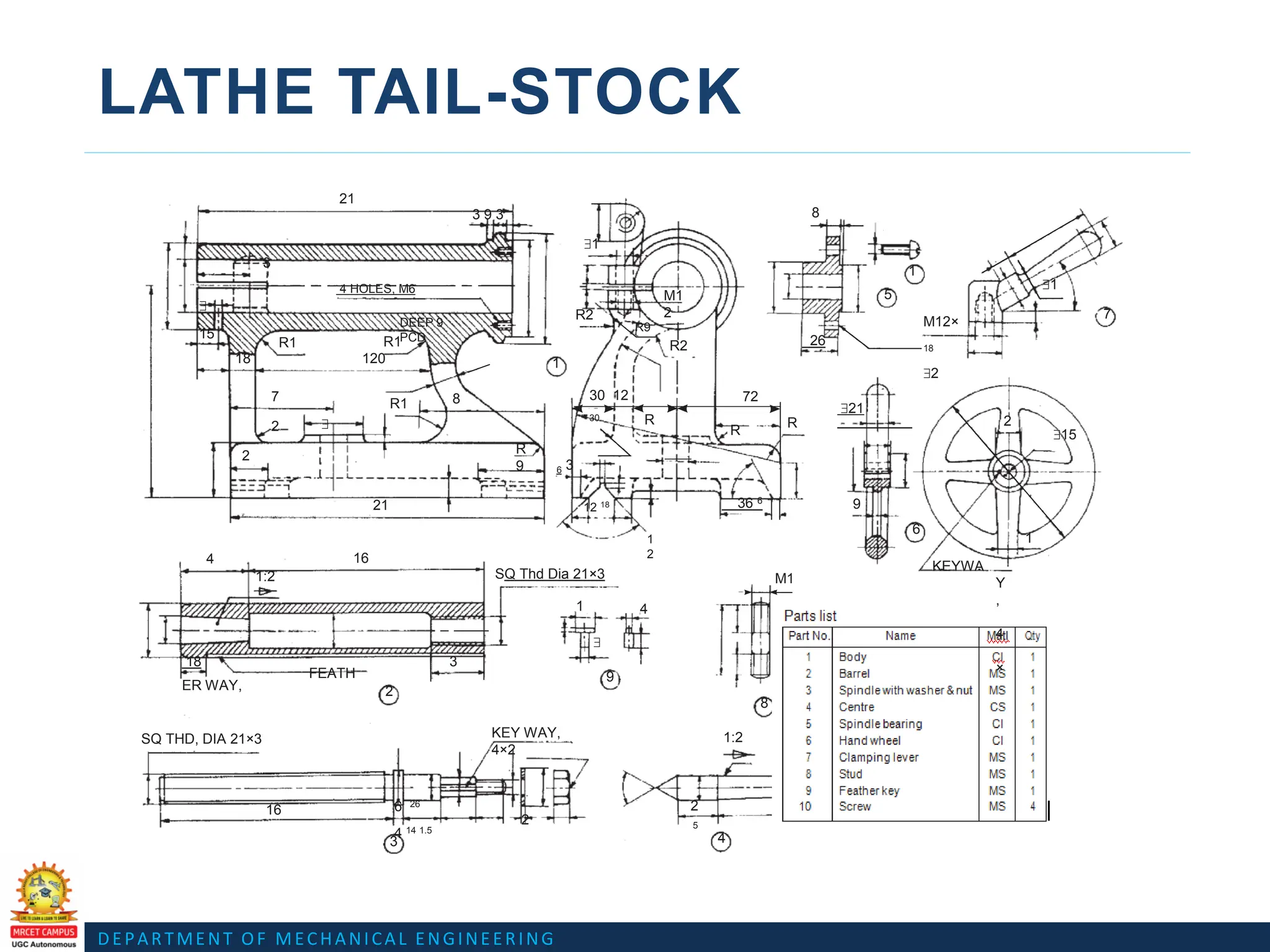 DEPARTMENT OF MECHANICAL ENGINEERING
LATHE TAIL-STOCK
21
3 9 3 8
$1
3
$
1
4 HOLES, M6
DEEP 9
PCD
$1
R2
M1
2
5
7
15
R9
R1 R1 R2 26
M12×
18
$2
18 120 1
7
2
R1 8 30 12
30
72
$ R
$21
R
R 2
2 R
9
$15
6 3
21 12 18
1
2
36 6
9
6
1
4 16
1:2 SQ Thd Dia 21×3 M1
KEYWA
Y
,
4
×
1 4
$
18
FEATH
ER WAY,
3
9
2
8
SQ THD, DIA 21×3 KEY WAY,
4×2
1:2
16 6 26
2
4 14 1.5
2
5
3 4
 
