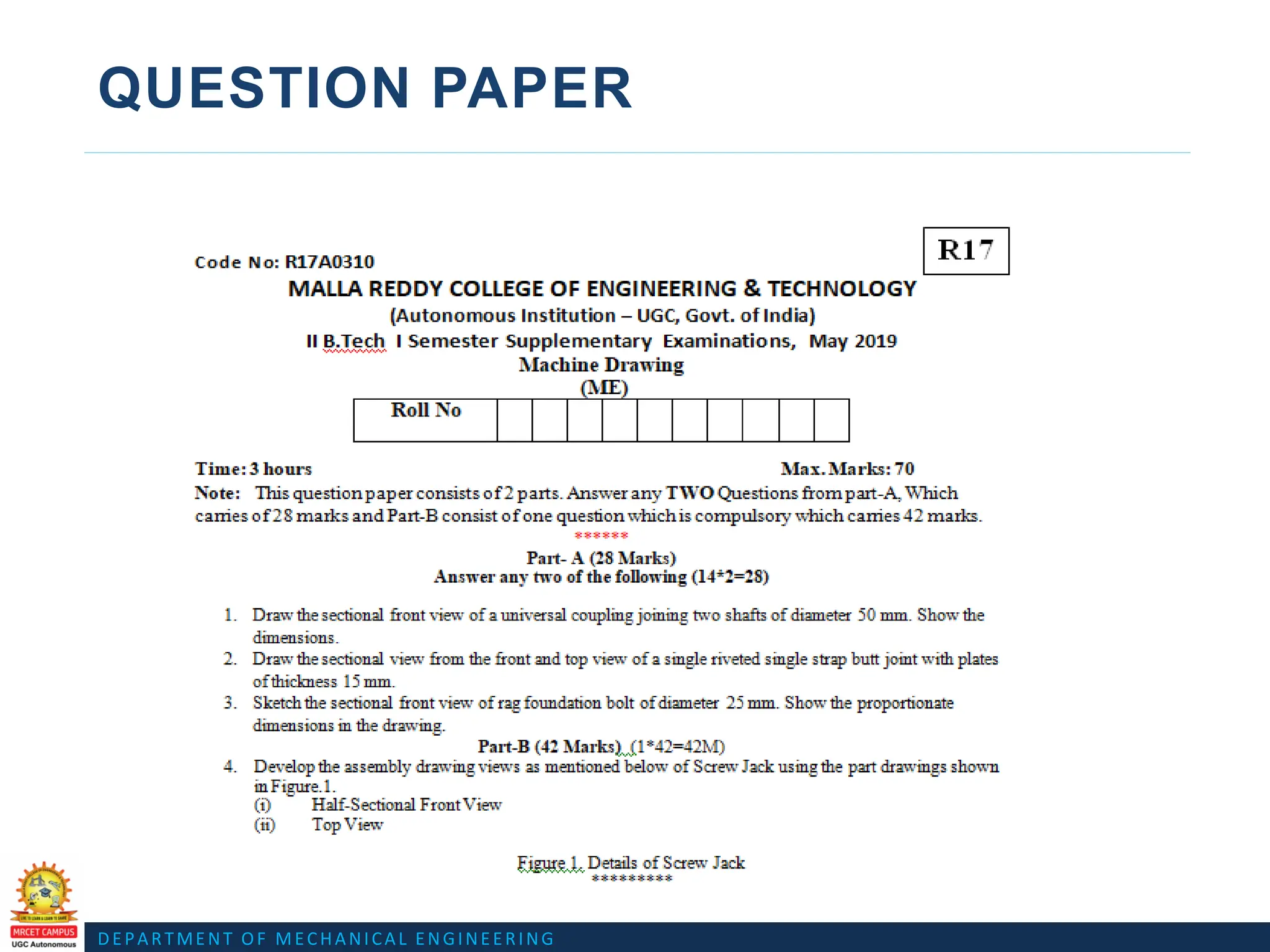 DEPARTMENT OF MECHANICAL ENGINEERING
QUESTION PAPER
 