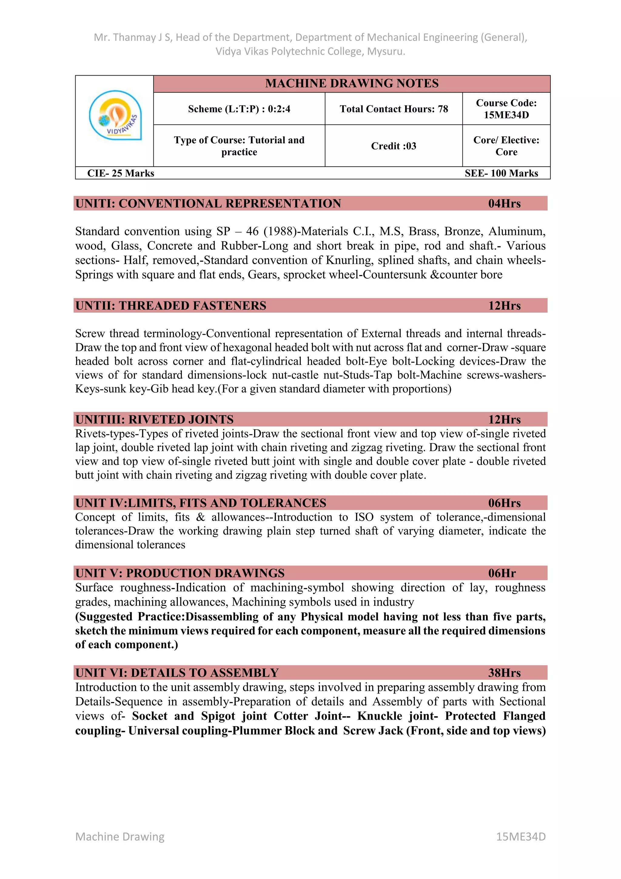 Machine drawing notes 15 me34d | PDF