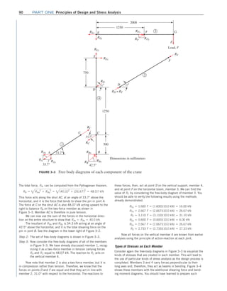 90 Part one Principles of Design and Stress Analysis
The total force, RA, can be computed from the Pythagorean theorem,
RA = 3RAx
2
+ RAy
2
= 3(40.0)2
+ (26.67)2
= 48.07 kN
This force acts along the strut AC, at an angle of 33.7° above the
horizontal, and it is the force that tends to shear the pin in joint A.
The force at C on the strut AC is also 48.07 kN acting upward to the
right to balance RA on the two-force member as shown in
Figure 3–3. Member AC is therefore in pure tension.
We can now use the sum of the forces in the horizontal direc-
tion on the entire structure to show that RAx = RBx = 40.0 kN.
The resultant of RBx and RBy is 54.3 kN acting at an angle of
42.5° above the horizontal, and it is the total shearing force on the
pin in joint B. See the diagram in the lower right of Figure 3–2.
Step 2: The set of free–body diagrams is shown in Figure 3–3.
Step 3: Now consider the free-body diagrams of all of the members
in Figure 3–3. We have already discussed member 1, recog-
nizing it as a two–force member in tension carrying forces
RA and RC equal to 48.07 kN. The reaction to RC acts on
the vertical member 4.
Now note that member 2 is also a two-force member, but it is
in compression rather than tension. Therefore, we know that the
forces on points D and F are equal and that they act in line with
member 2, 31.0° with respect to the horizontal. The reactions to
these forces, then, act at point D on the vertical support, member 4,
and at point F on the horizontal boom, member 3. We can find the
value of RF by considering the free-body diagram of member 3. You
should be able to verify the following results using the methods
already demonstrated.
RFy = 1.600 F = (1.600)(10.0 kN) = 16.00 kN
RFx = 2.667 F = (2.667)(10.0 kN) = 26.67 kN
RF = 3.110 F = (3.110)(10.0 kN) = 31.10 kN
REy = 0.600 F = (0.600)(10.0 kN) = 6.00 kN
REx = 2.667 F = (2.667)(10.0 kN) = 26.67 kN
RE = 2.733 F = (2.733)(10.0 kN) = 27.33 kN
Now all forces on the vertical member 4 are known from earlier
analyses using the principle of action-reaction at each joint.
Types of Stresses on Each Member
Consider again the free-body diagrams in Figure 3–3 to visualize the
kinds of stresses that are created in each member. This will lead to
the use of particular kinds of stress analysis as the design process is
completed. Members 3 and 4 carry forces perpendicular to their
long axes and, therefore, they act as beams in bending. Figure 3–4
shows these members with the additional shearing force and bend-
ing moment diagrams. You should have learned to prepare such
FIGURE 3–3 Free-body diagrams of each component of the crane
3
2
4
1250
2000
F
F
D
31° 31°
E
750
1250
500
C
C
D
B
1
G
F
Load, F
33.7°
A
RAx
RA RAy
33.7°
RBx
RC
RC
RF
RFy
RF
RFx
REx
REy
REy
REx
RD
RD = RF
RB
RBy
42.5°
Dimensions in millimeters
E
33.7°
M03_MOTT1184_06_SE_C03.indd 90 3/14/17 3:47 PM
 