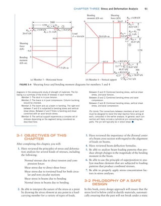 chapter THREE Stress and Deformation Analysis 91
diagrams in the prerequisite study of strength of materials. The fol-
lowing is a summary of the kinds of stresses in each member.
Member 1: The strut is in pure tension.
Member 2: The brace is in pure compression. Column buckling
should be checked.
Member 3: The boom acts as a beam in bending. The right end
between F and G is subjected to bending stress and vertical
shear stress. Between E and F there is bending and shear
combined with an axial tensile stress.
Member 4: The vertical support experiences a complex set of
stresses depending on the segment being considered as
described here.
Between E and D: Combined bending stress, vertical shear
stress, and axial tension.
Between D and C: Combined bending stress and axial
compression.
Between C and B: Combined bending stress, vertical shear
stress, and axial compression.
Pin Joints: The connections between members at each joint
must be designed to resist the total reaction force acting at
each, computed in the earlier analysis. In general, each con-
nection will likely include a cylindrical pin connecting two
parts. The pin will typically be in direct shear. ■
FIGURE 3–4 Shearing force and bending moment diagrams for members 3 and 4
1250
2000
G
Load
F = 10.0 kN
3
4
RFy = 16.0 kN
REy = 6.00 kN
20.0 kN–m
REx =
26.67 kN
RDx =
26.67 kN
RCx = 40.0 kN
RBx = 40.0 kN
RB = 54.3 kN
RBy = 36.67 kN
RC =
48.07 kN
RCy =
26.67 kN
RD = RF
31.1 kN
RDy =
16.0 kN
RF = 31.1 kN
REy = 6.00 kN
REx =
26.67 kN
RFx = REx F
E
10.0
Shearing
force
(kN)
Shearing
force (kN)
Bending
moment
(kN–m)
Bending
moment (kN–m)
0
0 0 26.67 E
D
-6.0
0
-7.5 kN–m
(a) Member 3—Horizontal boom (b) Member 4 —Vertical support
750
1250
-40.0
31.0°
500
C
B
33.7°
42.5°
3–1 Objectives of this
Chapter
After completing this chapter, you will:
1. Have reviewed the principles of stress and deforma-
tion analysis for several kinds of stresses, including
the following:
Normal stresses due to direct tension and com-
pression forces
Shear stress due to direct shear force
Shear stress due to torsional load for both circu-
lar and non-circular sections
Shear stress in beams due to bending
Normal stress in beams due to bending
2. Be able to interpret the nature of the stress at a point
by drawing the stress element at any point in a load-
carrying member for a variety of types of loads.
3. Have reviewed the importance of the flexural center
of a beam cross section with regard to the alignment
of loads on beams.
4. Have reviewed beam-deflection formulas.
5. Be able to analyze beam-loading patterns that pro-
duce abrupt changes in the magnitude of the bending
moment in the beam.
6. Be able to use the principle of superposition to ana-
lyze machine elements that are subjected to loading
patterns that produce combined stresses.
7. Be able to properly apply stress concentration fac-
tors in stress analyses.
3–2 
Philosophy of a Safe
Design
In this book, every design approach will ensure that the
stress level is below yield in ductile materials, automati-
cally ensuring that the part will not break under a static
M03_MOTT1184_06_SE_C03.indd 91 3/14/17 3:47 PM
 