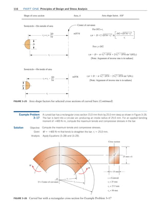 116 Part one Principles of Design and Stress Analysis
Semicircle—On outside of area
Semicircle—On inside of area
[Note: Argument of inverse sine is in radians]
[Note: Argument of inverse sine is in radians]
Center of curvature
ri
ri
D
D
pD2
/8
pD2
/8
rip - D +2 D2
/4-ri
2 ln
rip + D - p
rip - D - p ri
2 -D2
/4 + 2 ri
2 - D2
/4 sin–1
(D/2ri)
ri
2 -D2
/4 - 2 ri
2 -D2
/4 sin–1
(D/ri)
D/2+ D2
/4-ri
2
For D/2ri
For ri  D/2
rc = ri +
3p
rc = ri –
ri
2D
3p
2D
Shape of cross section Area, A Area shape factor, ASF
Figure 3–25 Area shape factors for selected cross sections of curved bars (Continued)
Example Problem
3–17
A curved bar has a rectangular cross section 15.0 mm thick by 25.0 mm deep as shown in Figure 3–26.
The bar is bent into a circular arc producing an inside radius of 25.0 mm. For an applied bending
moment of +400 N #m, compute the maximum tensile and compressive stresses in the bar.
Solution Objective Compute the maximum tensile and compressive stresses.
Given M = +400 N #m that tends to straighten the bar. ri = 25.0 mm.
Analysis Apply Equations (3–28) and (3–29).
Figure 3–26 Curved bar with a rectangular cross section for Example Problem 3–17
M
Cross section
M
ro
rc
ri
O c = Centroid
ri = 25 mm
ro = 50 mm
rc = 37.5 mm
O = Center of curvature
25 mm = h
b = 15 mm
c
M03_MOTT1184_06_SE_C03.indd 116 3/14/17 3:48 PM
 