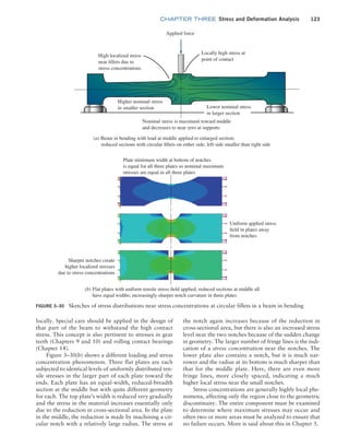 chapter THREE Stress and Deformation Analysis 123
locally. Special care should be applied in the design of
that part of the beam to withstand the high contact
stress. This concept is also pertinent to stresses in gear
teeth (Chapters 9 and 10) and rolling contact bearings
(Chapter 14).
Figure 3–30(b) shows a different loading and stress
concentration phenomenon. Three flat plates are each
subjected to identical levels of uniformly distributed ten-
sile stresses in the larger part of each plate toward the
ends. Each plate has an equal-width, reduced-breadth
section at the middle but with quite different geometry
for each. The top plate’s width is reduced very gradually
and the stress in the material increases essentially only
due to the reduction in cross-sectional area. In the plate
in the middle, the reduction is made by machining a cir-
cular notch with a relatively large radius. The stress at
the notch again increases because of the reduction in
cross-sectional area, but there is also an increased stress
level near the two notches because of the sudden change
in geometry. The larger number of fringe lines is the indi-
cation of a stress concentration near the notches. The
lower plate also contains a notch, but it is much nar-
rower and the radius at its bottom is much sharper than
that for the middle plate. Here, there are even more
fringe lines, more closely spaced, indicating a much
higher local stress near the small notches.
Stress concentrations are generally highly local phe-
nomena, affecting only the region close to the geometric
discontinuity. The entire component must be examined
to determine where maximum stresses may occur and
often two or more areas must be analyzed to ensure that
no failure occurs. More is said about this in Chapter 5.
Figure 3–30 Sketches of stress distributions near stress concentrations at circular fillets in a beam in bending
Plate minimum width at bottom of notches
is equal for all three plates so nominal maximum
stresses are equal in all three plates
Uniform applied stress
field in plates away
from notches
Sharper notches create
higher localized stresses
due to stress concentrations
(b) Flat plates with uniform tensile stress field applied; reduced sections at middle all
have equal widths; increasingly sharper notch curvature in three plates
Locally high stress at
point of contact
Applied force
High localized stress
near fillets due to
stress concentrations
Higher nominal stress
in smaller section Lower nominal stress
in larger section
Nominal stress is maximum toward middle
and decreases to near zero at supports
(a) Beam in bending with load at middle applied to enlarged section;
reduced sections with circular fillets on either side; left side smaller than right side
M03_MOTT1184_06_SE_C03.indd 123 3/14/17 3:48 PM
 