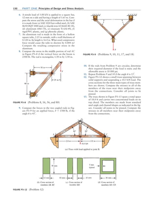 130 Part one Principles of Design and Stress Analysis
6. A tensile load of 5.00 kN is applied to a square bar,
12 mm on a side and having a length of 1.65 m. Com-
pute the stress and the axial deformation in the bar if
it is made from (a) SAE 1020 hot-rolled steel, (b) SAE
8650 OQT 1000 steel, (c) ductile iron A536(60-40-18),
(d) aluminum 6061-T6, (e) titanium Ti-6Al-4V, (f)
rigid PVC plastic, and (g) phenolic plastic.
7. An aluminum rod is made in the form of a hollow
square tube, 2.25 in outside, with a wall thickness of
0.120 in. Its length is 16.0 in. What axial compressive
force would cause the tube to shorten by 0.004 in?
Compute the resulting compressive stress in the
aluminum.
8. Compute the stress in the middle portion of rod AC
in Figure P3–8 if the vertical force on the boom is
2500 lb. The rod is rectangular, 1.50 in by 3.50 in.
Figure P3–9 (Problems 9, 10, 11, 17, and 18)
Figure P3–8 (Problems 8, 16, 56, and 80)
9. Compute the forces in the two angled rods in Fig-
ure P3–9 for an applied force, F = 1500 lb, if the
angle u is 45°
.
10. If the rods from Problem 9 are circular, determine
their required diameter if the load is static and the
allowable stress is 18 000 psi.
11. Repeat Problems 9 and 10 if the angle u is 15°
.
12. Figure P3–12 shows a small truss spanning between
solid supports and suspending a 10.5 kN load. The
cross sections for the three main types of truss mem-
bers are shown. Compute the stresses in all of the
members of the truss near their midpoints away
from the connections. Consider all joints to be
pinned.
13. The truss shown in Figure P3–13 spans a total space
of 18.0 ft and carries two concentrated loads on its
top chord. The members are made from standard
steel angle and channel shapes as indicated in the fig-
ure. Consider all joints to be pinned. Compute the
stresses in all members near their midpoints away
from the connections.
Figure P3–12 (Problem 12)
(a) Truss with load applied to joint B.
M03_MOTT1184_06_SE_C03.indd 130 3/14/17 3:48 PM
 