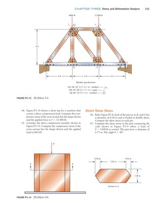 chapter THREE Stress and Deformation Analysis 131
14. Figure P3–14 shows a short leg for a machine that
carries a direct compression load. Compute the com-
pressive stress if the cross section has the shape shown
and the applied force is F = 52 000 lb.
15. Consider the short compression member shown in
Figure P3–15. Compute the compressive stress if the
cross section has the shape shown and the applied
load is 640 kN.
Direct Shear Stress
16. Refer Figure P3–8. Each of the pins at A, B, and C has
a diameter of 0.50 in and is loaded in double shear.
Compute the shear stress in each pin.
17. Compute the shear stress in the pins connecting the
rods shown in Figure P3–9 when a load of
F = 1500 lb is carried. The pins have a diameter of
0.75 in. The angle u = 40°.
Figure P3–13 (Problem 13)
6000 lb
Member specifications:
AD, DE, EF L2 * 2 * 1/8 – doubled ——
BD, CE, BE L2 * 2 * 1/8 – single ——
AB, BC, CF C3 * 4.1 – doubled ——
6 ft 6 ft
B
A
D E
F
C
12 000 lb
6 ft
8 ft
6 ft 6 ft
Figure P3–14 (Problem 14)
A A
F
0.50 in 0.50 in
1.40 in
2.65 in
Section A–A
M03_MOTT1184_06_SE_C03.indd 131 3/14/17 3:48 PM
 