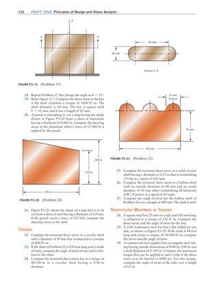132 Part one Principles of Design and Stress Analysis
18. Repeat Problem 17, but change the angle to u = 15°.
19. Refer Figure 3–7. Compute the shear stress in the key
if the shaft transmits a torque of 1600 N # m. The
shaft diameter is 60 mm. The key is square with
b = 12 mm, and it has a length of 45 mm.
20. A punch is attempting to cut a slug having the shape
shown in Figure P3–20 from a sheet of aluminum
having a thickness of 0.060 in. Compute the shearing
stress in the aluminum when a force of 52 000 lb is
applied by the punch.
25. Compute the torsional shear stress in a solid circular
shaft having a diameter of 1.25 in that is transmitting
110 hp at a speed of 560 rpm.
26. Compute the torsional shear stress in a hollow shaft
with an outside diameter of 40 mm and an inside
diameter of 30 mm when transmitting 28 kilowatts
(kW) of power at a speed of 45 rad/s.
27. Compute the angle of twist for the hollow shaft of
Problem 26 over a length of 400 mm. The shaft is steel.
Noncircular Members in Torsion
28. A square steel bar, 25 mm on a side and 650 mm long,
is subjected to a torque of 230 N #m. Compute the
shear stress and the angle of twist for the bar.
29. A 3.00 in-diameter steel bar has a flat milled on one
side, as shown in Figure P3–29. If the shaft is 44.0 in
long and carries a torque of 10 600 lb #in, compute
the stress and the angle of twist.
30. A commercial steel supplier lists rectangular steel tub-
ing having outside dimensions of 4.00 by 2.00 in and
a wall thickness of 0.109 in. Compute the maximum
torque that can be applied to such a tube if the shear
stress is to be limited to 6000 psi. For this torque,
compute the angle of twist of the tube over a length
of 6.5 ft.
Figure P3–20 (Problem 20)
2.50 in
1.50 in
2.00 in
Figure P3–15 (Problem 15)
A A
F
80 mm
40 mm
Section A–A
Figure P3–21 (Problem 21)
+ + +
15 mm
Typical
60 mm
30 mm
21. Figure P3–21 shows the shape of a slug that is to be
cut from a sheet of steel having a thickness of 2.0 mm.
If the punch exerts a force of 225 kN, compute the
shearing stress in the steel.
Torsion
22. Compute the torsional shear stress in a circular shaft
with a diameter of 50 mm that is subjected to a torque
of 800 N #m.
23. If the shaft of Problem 22 is 850 mm long and is made
of steel, compute the angle of twist of one end in rela-
tion to the other.
24. Compute the torsional shear stress due to a torque of
88.0 lb #in in a circular shaft having a 0.40-in
diameter.
M03_MOTT1184_06_SE_C03.indd 132 3/14/17 3:48 PM
 