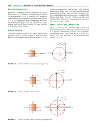 160 Part one Principles of Design and Stress Analysis
FIGURE 4–25 Mohr’s circle for pure uniaxial compression
sx sx (negative)
sy = 0
s3 = sx
txy = 0
sx/2
s1 = s2 = 0
s
savg = sx/2
tmax = sx/2
t
Uniaxial Compression
Figure 4–25 shows pure uniaxial compression as it would
be produced by a standard compression test. Mohr’s
circle shows that s1 = s2 = 0 and s3 = sx (a negative
value); and the magnitude of the maximum shear stress is
tmax = sx/2. Note that in a three-dimensional stress state,
the Mohr’s circle drawn from the 1-2 plane is a point,
and the Mohr’s circle drawn from the 1–3 plane coincides
with that from the 2-3 plane.
Biaxial Tension
The stress condition produced in a spherical thin-walled
pressure vessel or a filled balloon is biaxial tension.
­Figure 4–26 shows the stress element, where sx = sy,
FIGURE 4–26 Mohr’s circle for biaxial tension
sx sx
sy = sx
s3 = 0
txy = 0
sx/2
s1 = s2 = sx
s
savg = sx/2
tmax = sx/2
t
FIGURE 4–27 Mohr’s circle for biaxial tension and compression
sx sx
sy
s3 = sy s2 = 0
txy = 0
s1 = sx
s
savg = 0
tmax = sx
t
and the corresponding Mohr’s circle. Note that the
Mohr’s circle drawn from the original two-dimensional
stress element in the 1-2 plane is a point. Considering the
third principal direction, two more circles are added. The
Mohr’s circle drawn from the 1-3 plane coincides with
that from the 2-3 plane. The magnitude of the maximum
shear stress is tmax = sx/2.
Biaxial Tension and Compression
Figure 4–27 shows that the element is subjected to biaxial
tension and compression where sx is positive (tension) and
sy is negative (compression) with the same magnitude.
The resulting Mohr’s circles show that s1 = sx, s2 = 0,
and s3 = sy. The magnitude of the maximum shear
stress is tmax = sx.
M04_MOTT1184_06_SE_C04.indd 160 3/15/17 6:40 PM
 